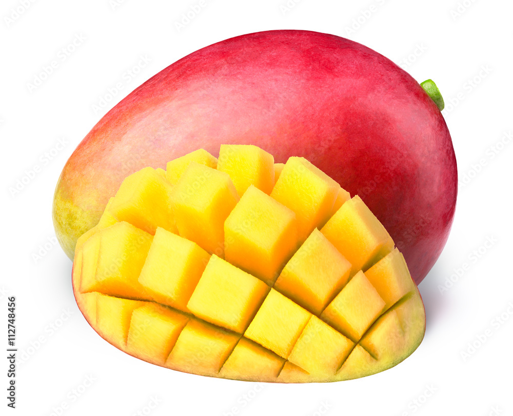 Mango with half sliced to cubes isolated on white background, with clipping path Mango with half sliced to cubes isolated on white background, with clipping path