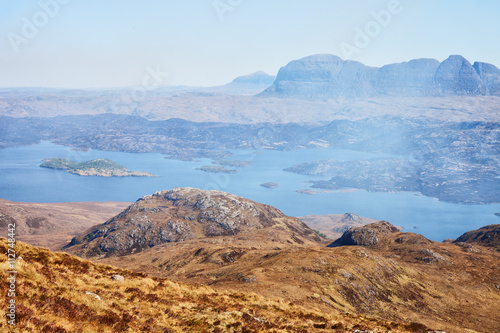 Unearthly mountain landscape. Loch Sionascaig and Suilven in spring ( View from Stac Pollaidh towards Suilven), Inverpolly, Northwest Highlands, Scotland