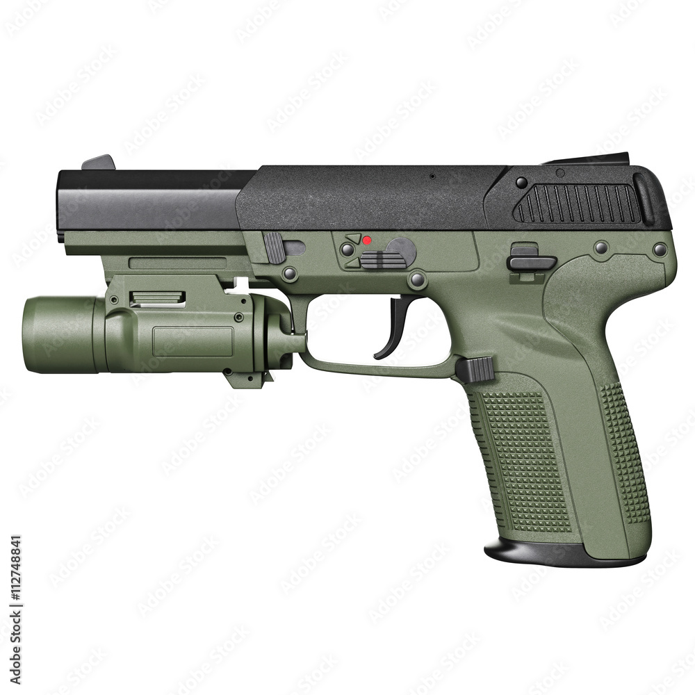 Gun green military, police with flashlight, side view. 3D graphic