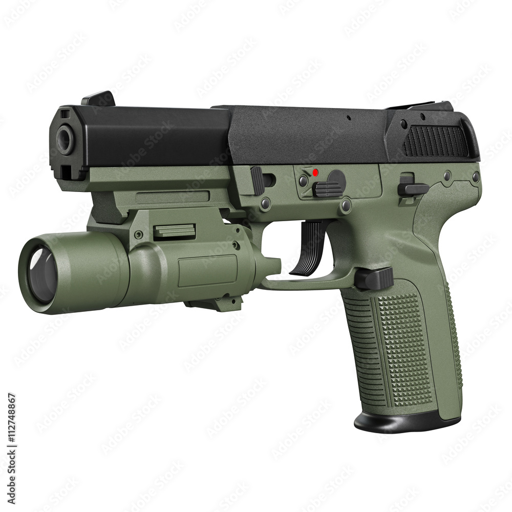 Gun military, police with flashlight. 3D graphic