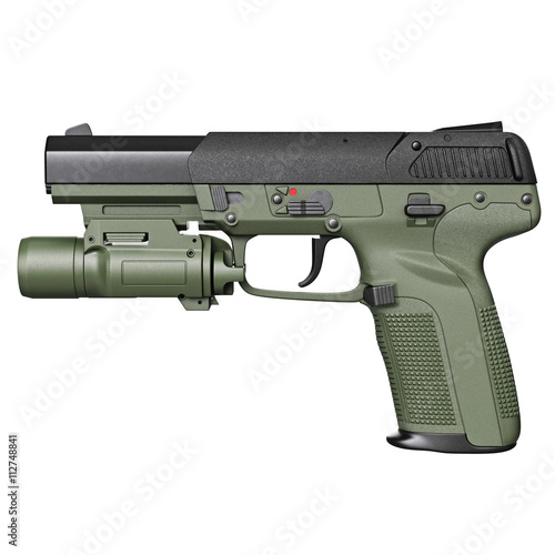 Gun green military, police with flashlight, side view. 3D graphic