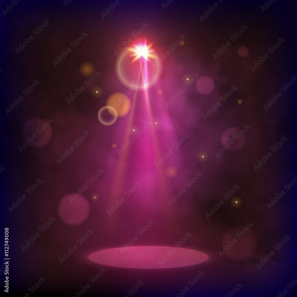 Premiere Red Show background sparkles. Smoky vector stage shining with rays spotlight 