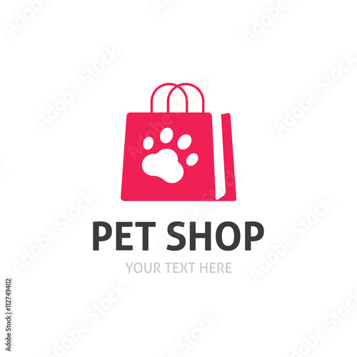 Pet shop logo vector isolated on white, flat pet store logotype, dog paw on bag icon, zoo goods