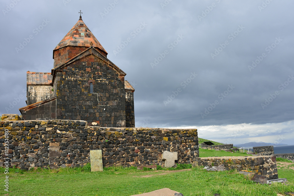 Shrine of the Armenian people. Temple on Lake Sevan. Thunder Sky Shrine of the Armenian people. Temple on Lake Sevan. Thunder Sky