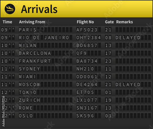Airport timetable showing arrival times. Worldwide arrivals shown, including Zurich, Moscow, London, Sydney and others. Very detailed illustration of airport timetable.