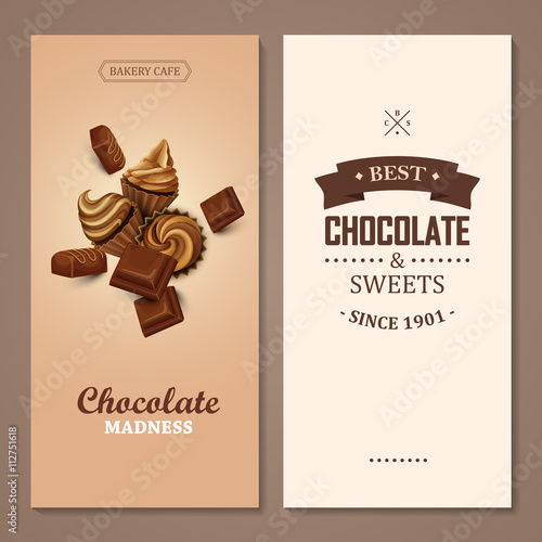 Poster vector template with chocolate and cupcakes. Advertising for bakery shop or cafe.