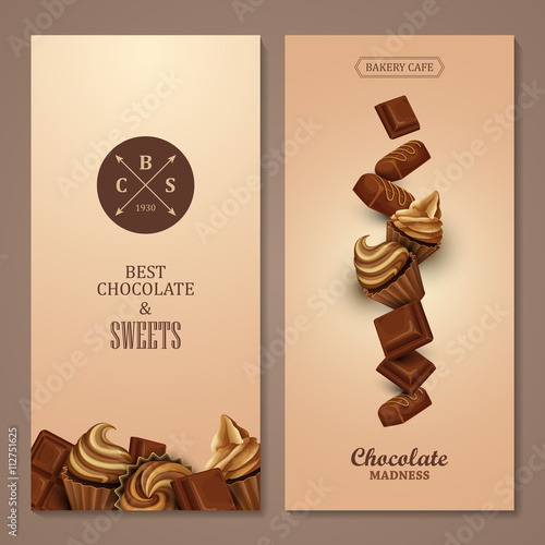Poster vector template with chocolate and cupcakes. Advertising for bakery shop or cafe.