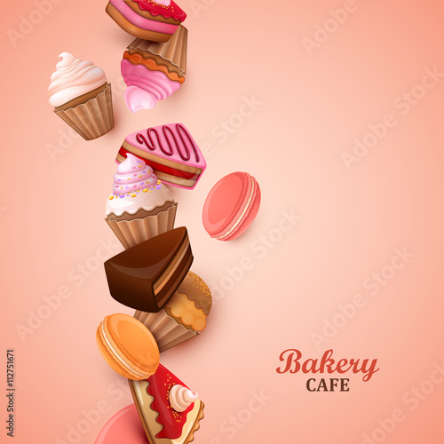 Abstract background with cakes, cupcakes and macaroons.