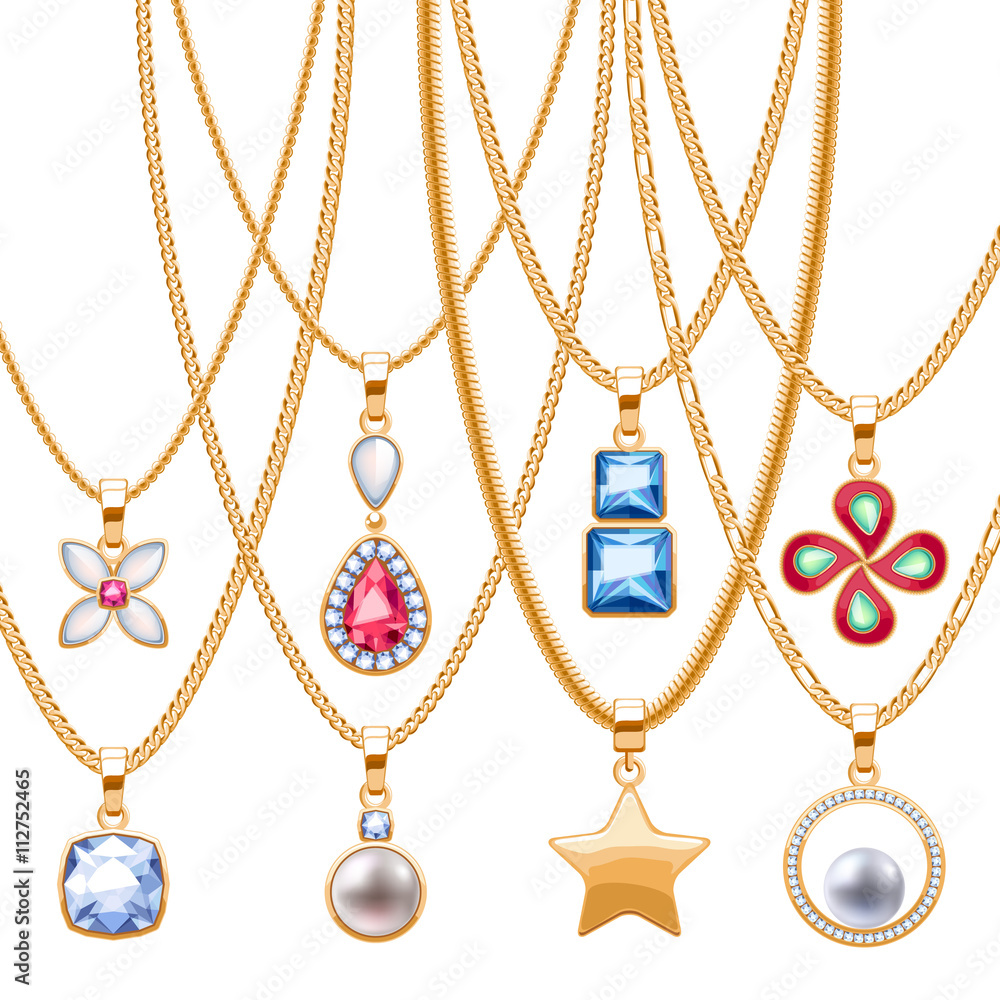 Set of golden chains with different pendants. Set of golden chains with different pendants.