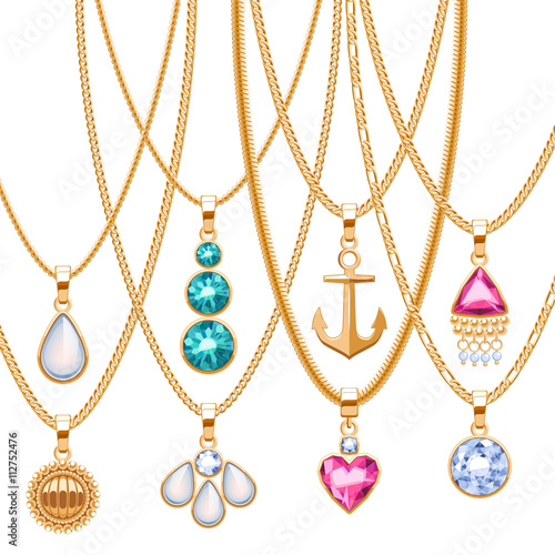 Set of golden chains with different pendants.