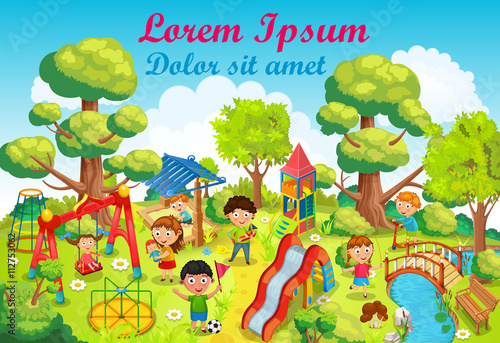 Children playing on the playground in the park vector. 