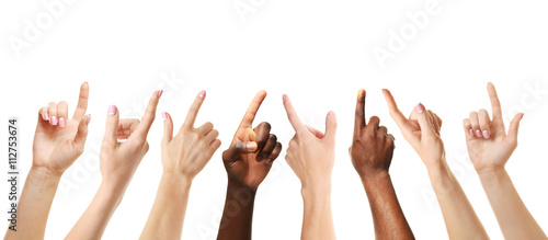 Set of different hands touching or pointing to something, isolated on white photo