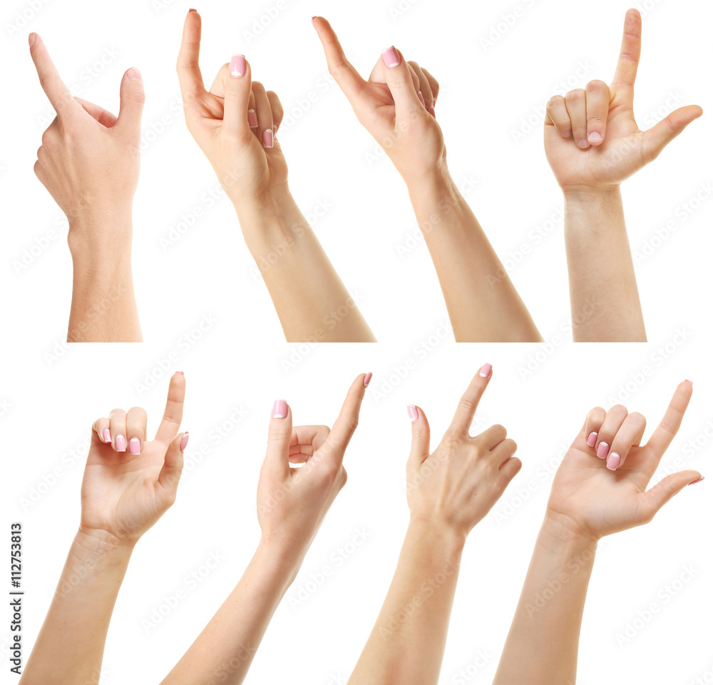 Set of different hands touching or pointing to something, isolated on white Set of different hands touching or pointing to something, isolated on white