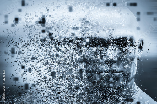 Man face with pixel dispersion effect. Concept of technology, modern science but also disintegration
