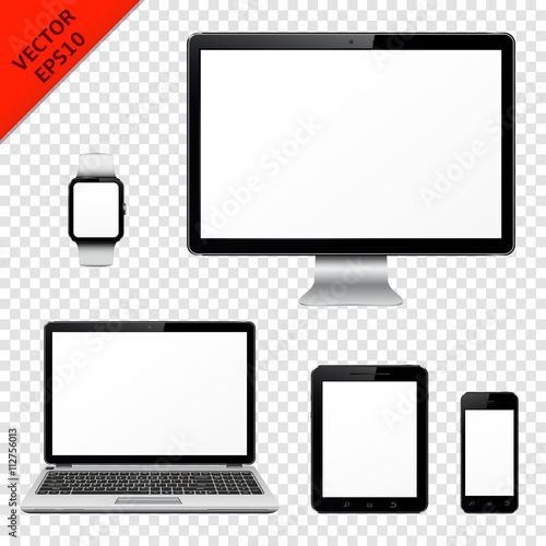 Computer monitor, laptop, tablet pc, mobile phone and smart watch isolated on transparent background