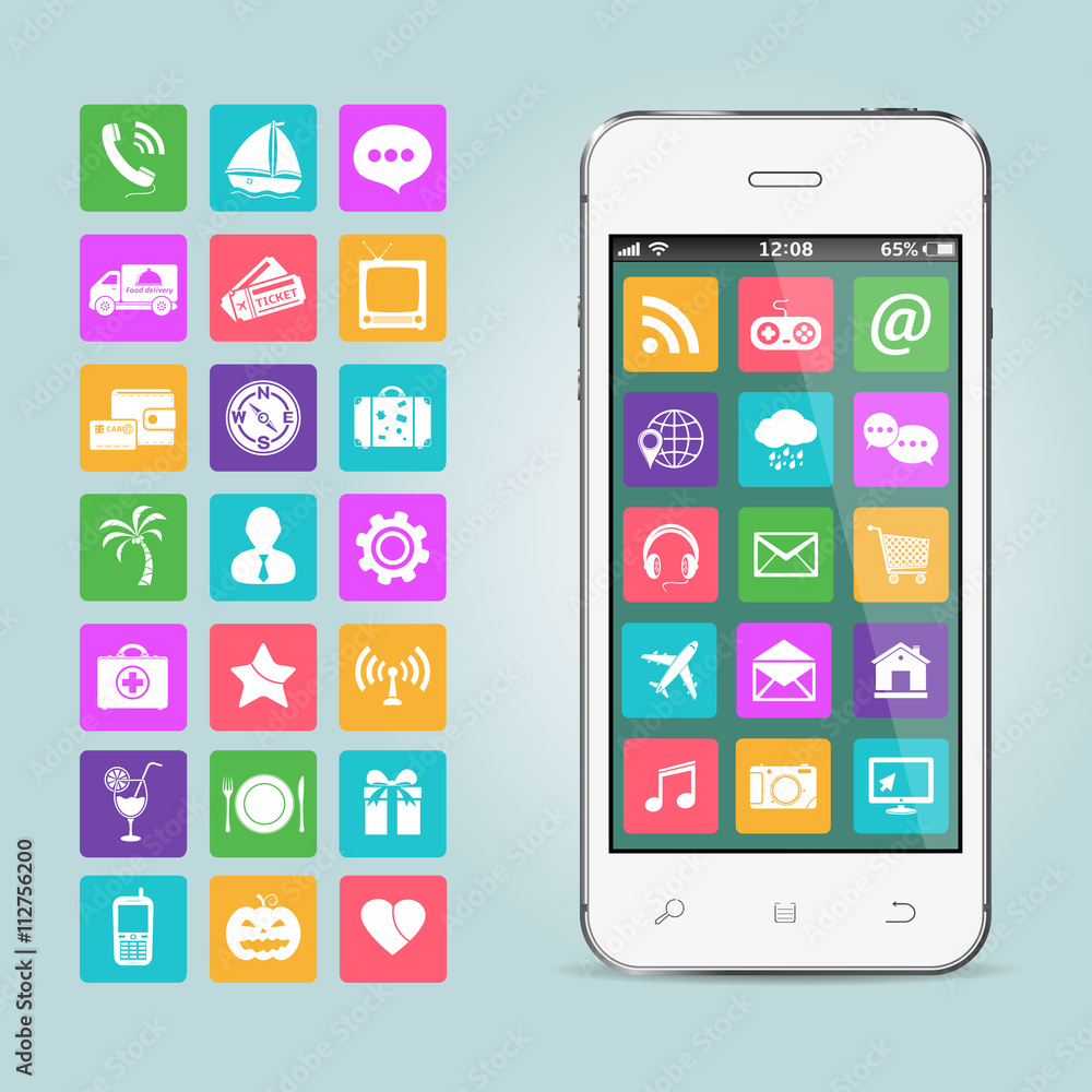 Mobile phone with apps icons. Vector illustration. Mobile phone with apps icons. Vector illustration.