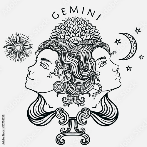 Hand drawn line art of zodiac gemini. Vector photo