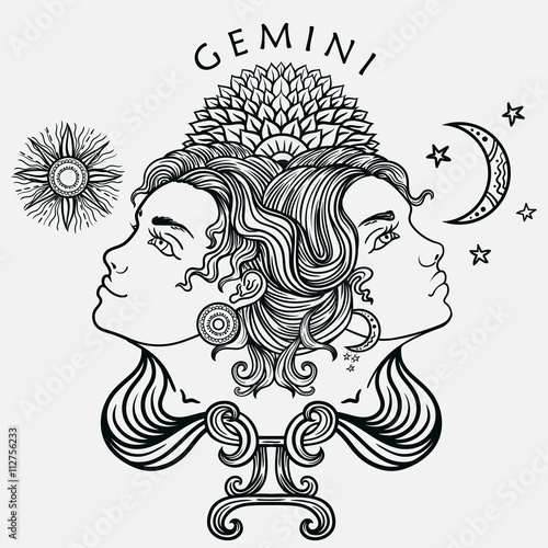 Hand drawn line art of zodiac gemini. Vector