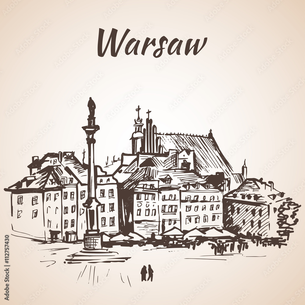 Castle Square in the old quarter of Warsaw, Poland. Sketch. Isol