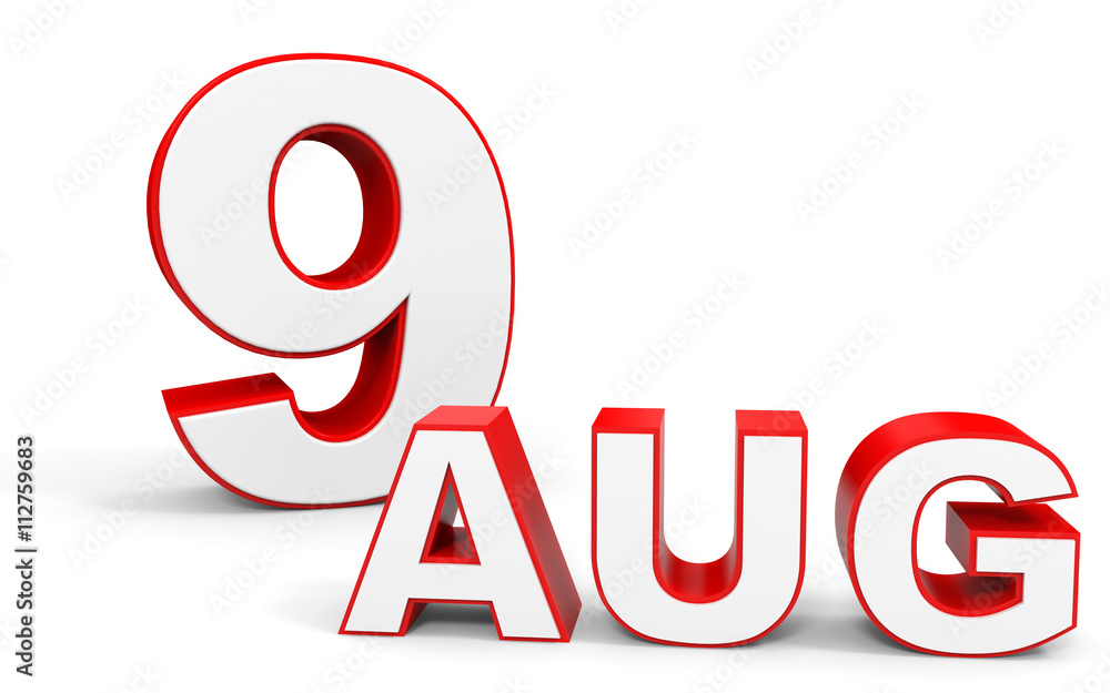 August 9. 3d text on white background. August 9. 3d text on white background.