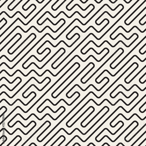 Vector Seamless Black And White Geometric Rounded Maze Lines Pattern