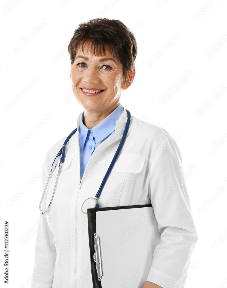 Professional doctor with clipboard, isolated on white Professional doctor with clipboard, isolated on white