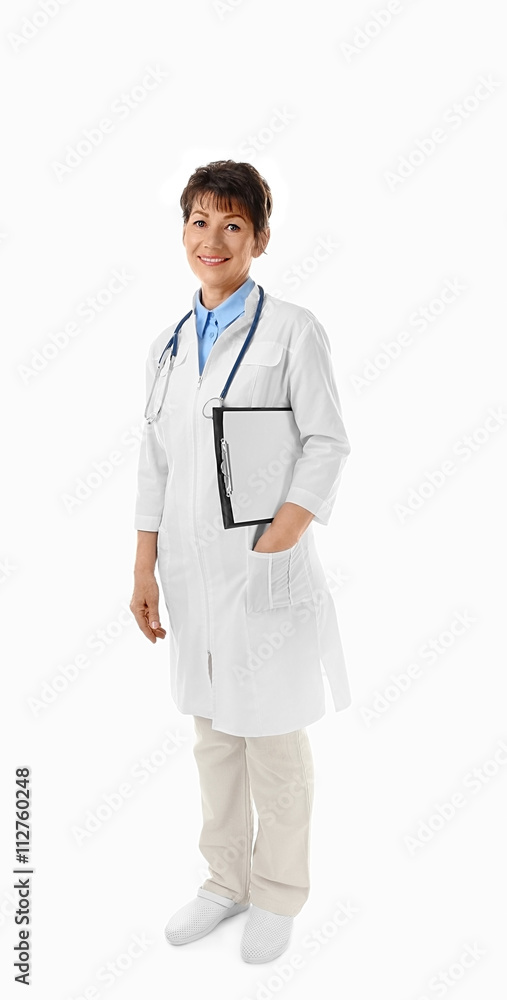 Professional doctor with clipboard, isolated on white Professional doctor with clipboard, isolated on white