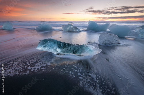 Icebergs on the black sand volcanic beach,  Vatnajokull Glacier, Iceland. © zinaidasopina112