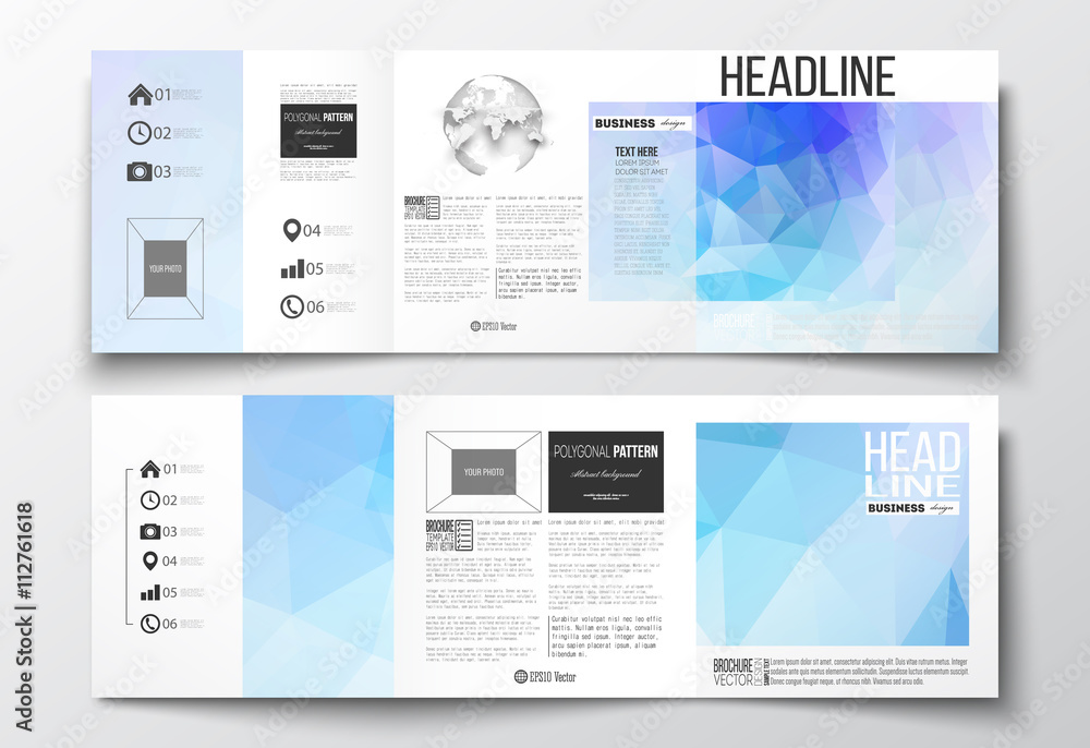 Set of tri-fold brochures, square design templates. Abstract colorful polygonal background, modern stylish triangle vector texture Set of tri-fold brochures, square design templates. Abstract colorful polygonal background, modern stylish triangle vector texture