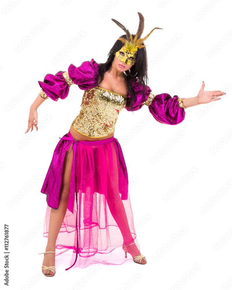 Carnival dancer girl wearing a mask dancing, isolated on white Carnival dancer girl wearing a mask dancing, isolated on white