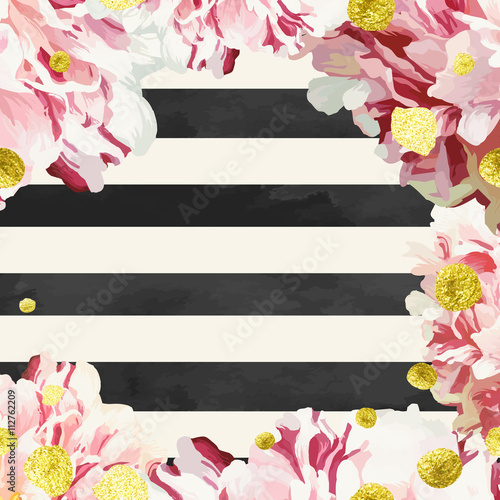 Vector frame background with variegated white and pink peony flowers and glittering gold dots and stardust texture.