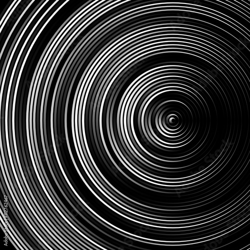 Spiral, concentric lines, circular, rotating background. Black and white radial rings on a black background. 
