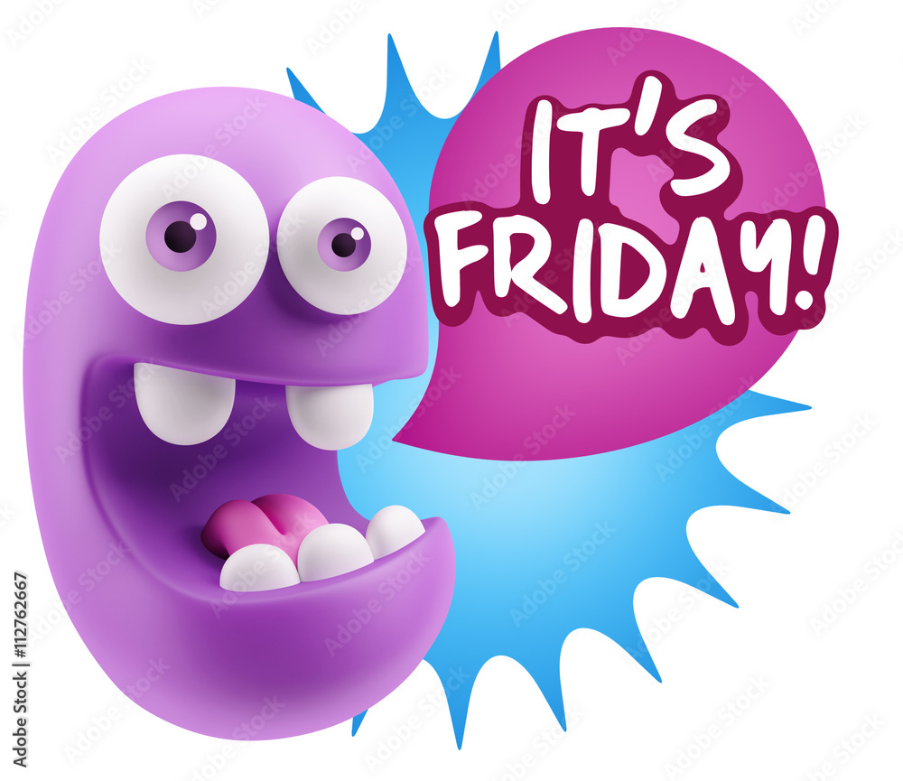 3d Rendering Smile Character Emoticon Expression saying It's Fri