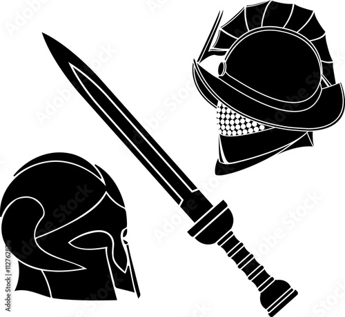 gladiators helmets and sword. vector illustration