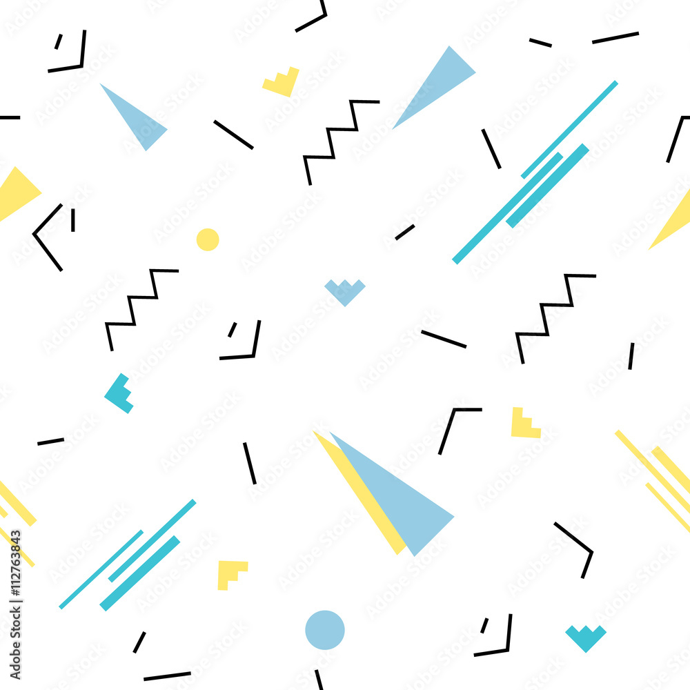 Seamless geometric pattern in retro 80s memphis style. Yellow pink triangles, lines, circles on white background pattern.
Seamless geometric pattern in retro 80s memphis style. Yellow pink triangles, lines, circles on white background pattern.