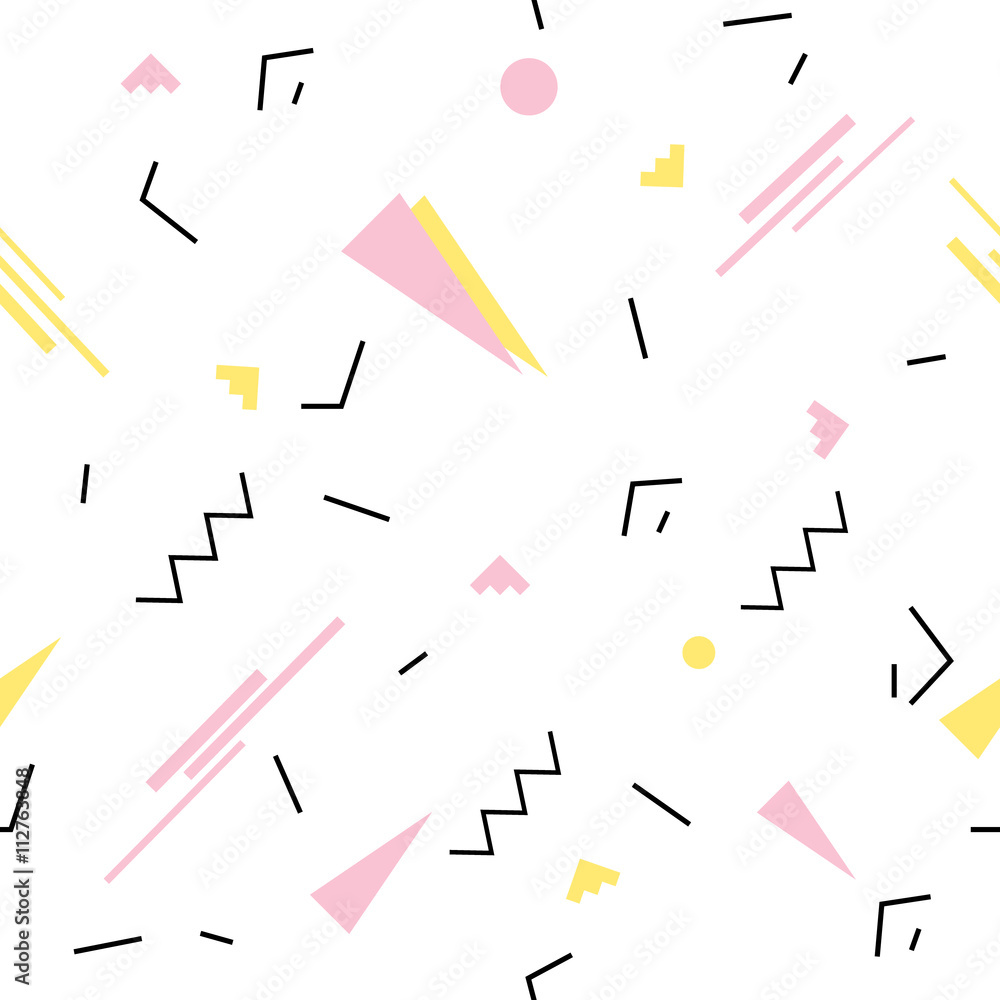 Seamless geometric pattern in retro 80s memphis style. Yellow pink triangles, lines, circles on white background pattern.
Seamless geometric pattern in retro 80s memphis style. Yellow pink triangles, lines, circles on white background pattern.