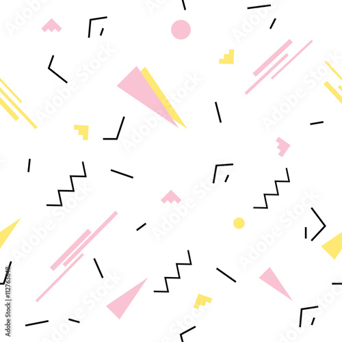 Seamless geometric pattern in retro 80s memphis style. Yellow pink triangles, lines, circles on white background pattern. 