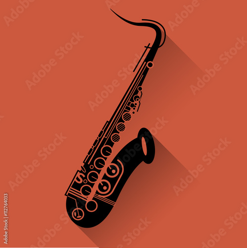 Saxophone instrument icon, flat style. Saxophone black on yellow background. Jazz music concept, saxophone icon for UI and web in red.