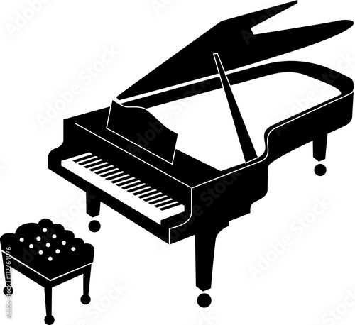 Black and white icon of an open grand piano and stool for a musician. Grand piano black icon suitable for print and web. Realistic icon of grand piano.