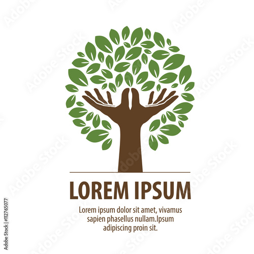 Abstract tree made of hands and leaves. Nature logo or ecology. Icon, symbol