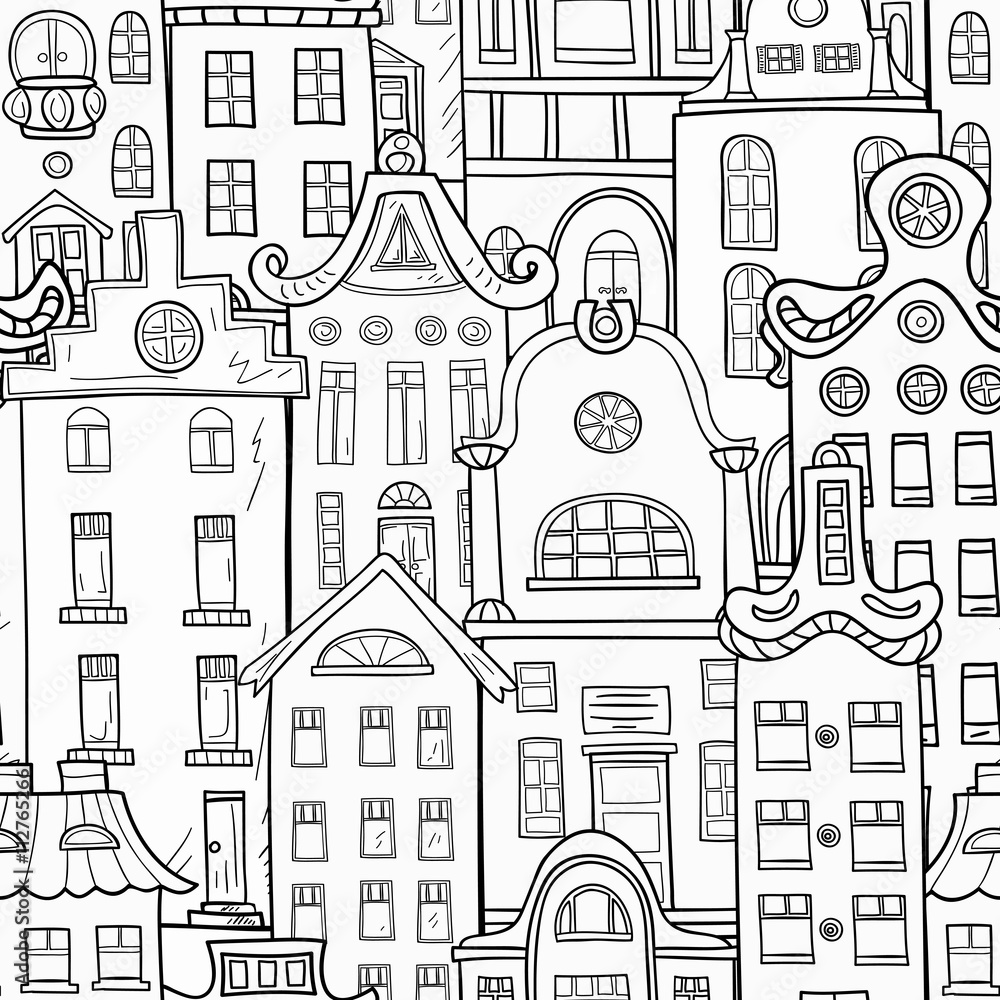 Seamless pattern of hand-painted homes. Monochrome gamma .