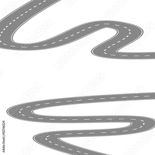 Curving winding road or highway with center cartoon illustration isolated on white