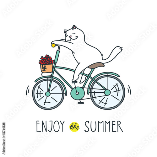 Enjoy the summer! Doodle vector illustration of funny white cat riding a bike