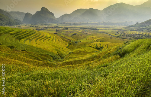 Mu Cang Chai is a rural district of Yen Bai Province, in the Northeast region of Vietnam. The most of area is rice terrace.The paddy turns golden in september of each year.