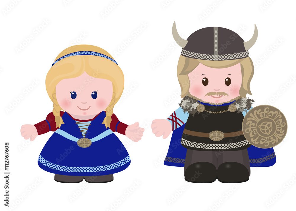 Φωτογραφία Vikings, man and woman in in ancient scandinavian clothing.