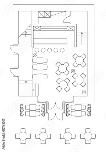 Standard furniture symbols used in architecture plans icons set, office planning icon set, graphic design elements. Small cafe - top view plans. Vector isolated.