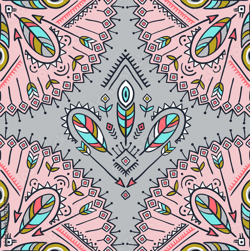 Vector seamless pattern with ethnic arrows, feathers and tribal ornaments. Boho and hippie stylish background. American indian motifs.