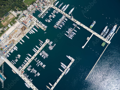 Aerial view of Porto Montenegro. Tivat city.