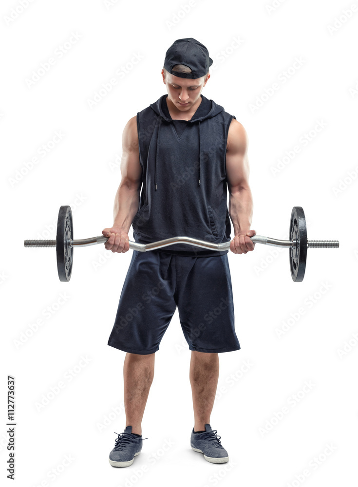 Cut Out fitness man lifting a barbell by both hands and training his biceps Cut Out fitness man lifting a barbell by both hands and training his biceps