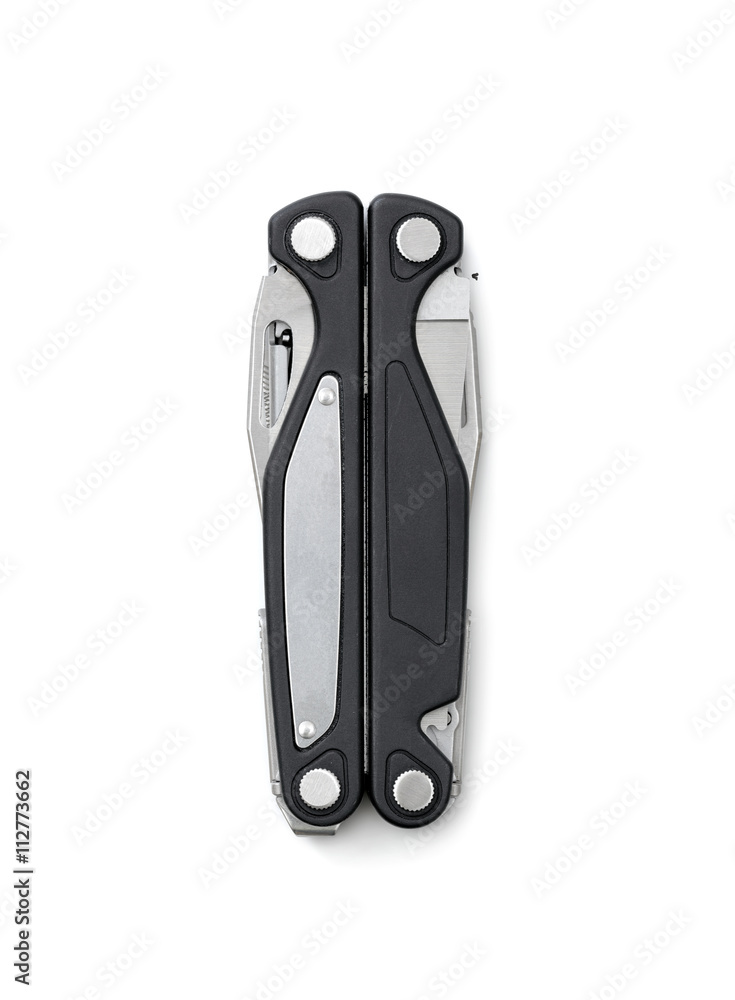 Folded multitool isolated on white background in top view Folded multitool isolated on white background in top view